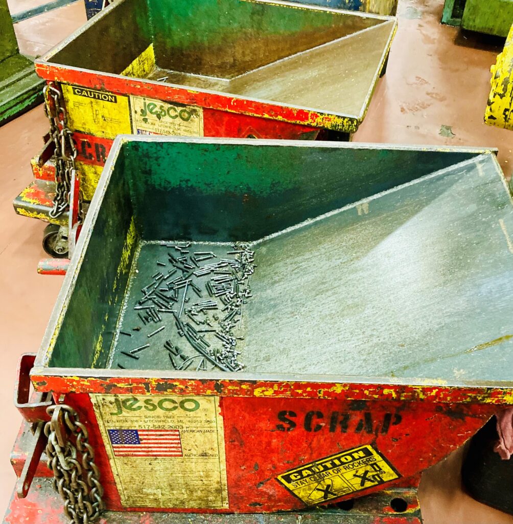 Scrap bins with minimal scrap for sustainability.